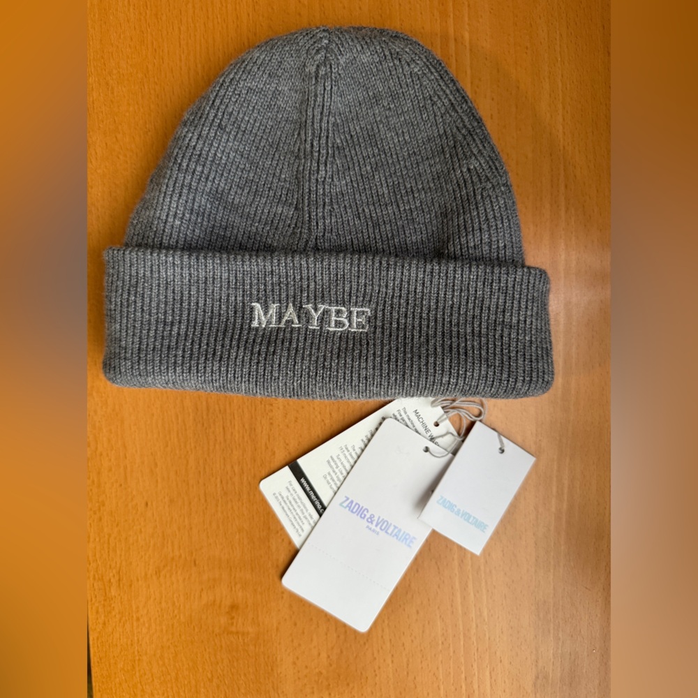 ZADIG & VOLTAIRE Extra Fine Marino Wool Beanie - grey, embroidered “Maybe”
